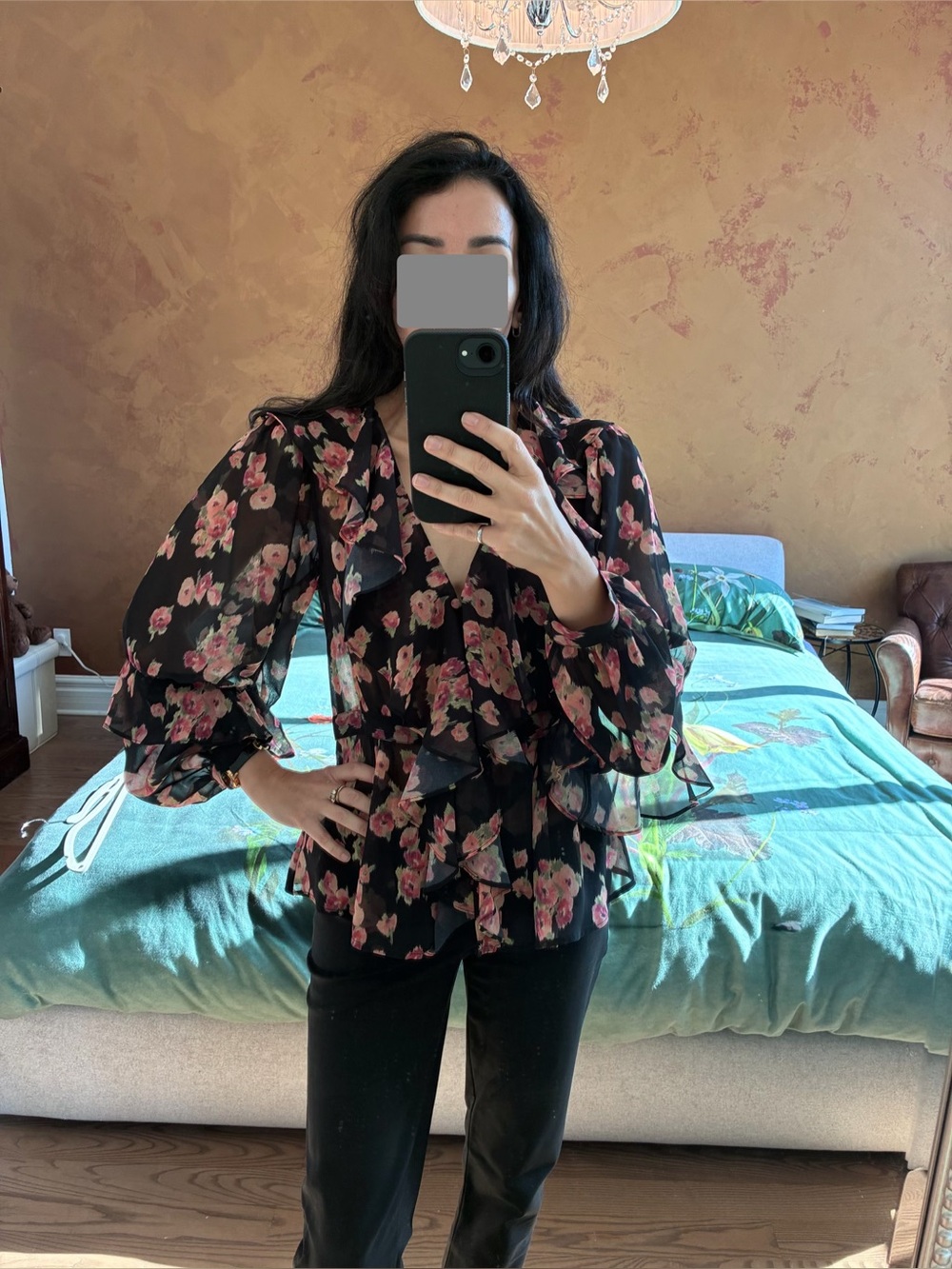 Topshop Black Sheer Floral Ruffle Blouse